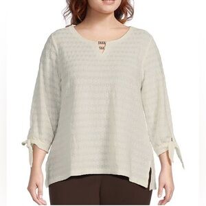 Allison Daley White Textured Blouse with Bow Accents